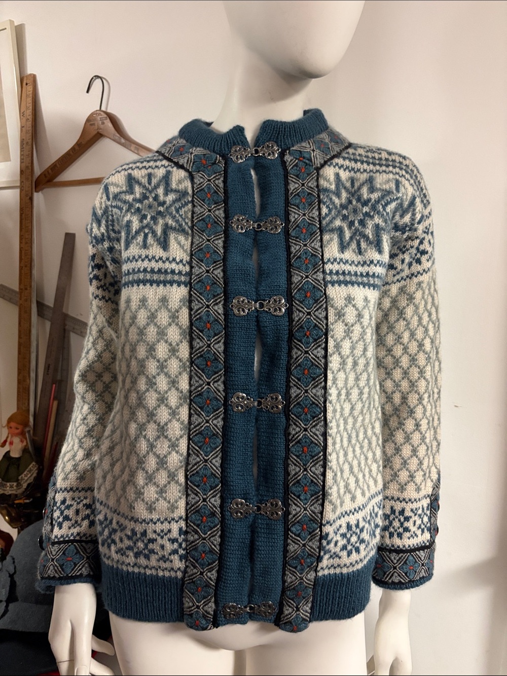 Dale of Norway Blue and Cream Traditional Norwegian Wool Cardigan